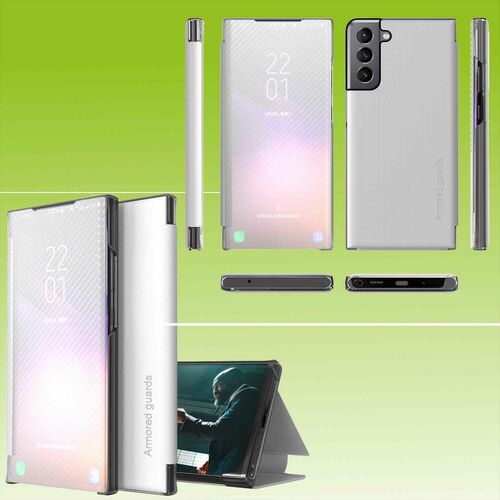 Fr Samsung Galaxy S21 FE G990B Design Carbon Clear View Spiegel Mirror Smartcover Wei Schutzhlle Cover Etui Tasche Hlle Neu Case Wake UP Funktion