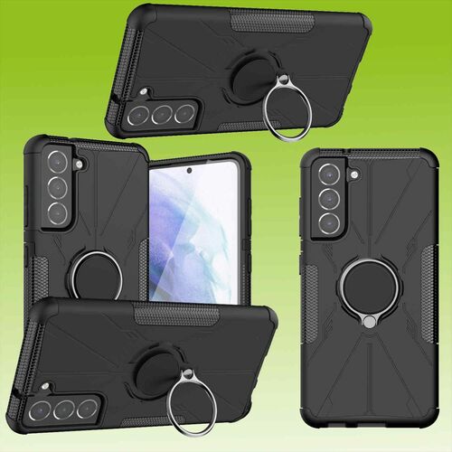 F�r Samsung Galaxy S21 FE G990B Schwarz Schock Hybrid PC + TPU + Ring Armor Magnet Shockproof Silikon Tasche Case H�lle Cover Etuis