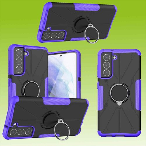 F�r Samsung Galaxy S21 FE G990B Lila Schock Hybrid PC + TPU + Ring Armor Magnet Shockproof Silikon Tasche Case H�lle Cover Etuis