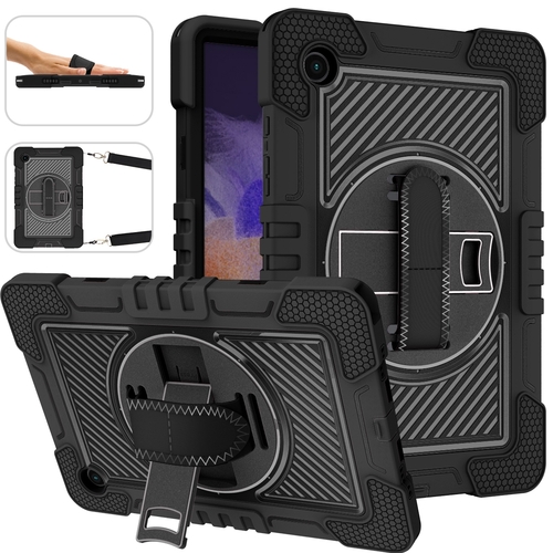 F�r Samsung Galaxy Tab A8 2021 X205 X200 aufstellbare Outdoor Hybrid Schwarz 360 Grad mit Halte-Schlaufe Tablet Tasche Etuis Cover Case Schutz Robust Neu