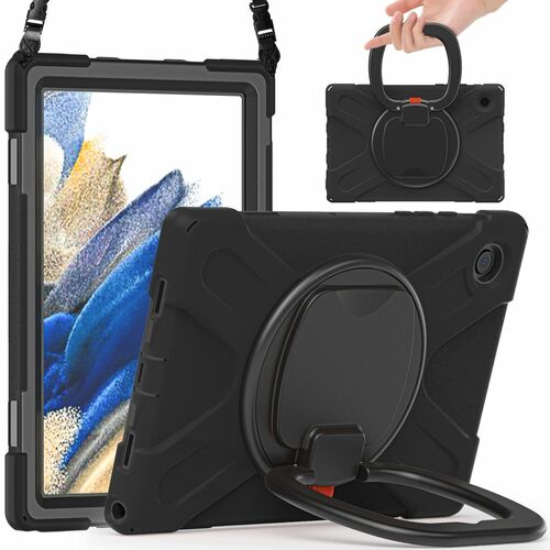 F�r Samsung Galaxy Tab A8 2021 X205 X200 aufstellbare Outdoor Hybrid Schwarz 360 Grad mit Trage Gurt Tablet Tasche Etuis Cover Case Schutz Robust Neu