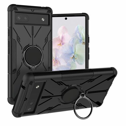 F�r Google Pixel 6a Design Ring Hybrid Cover Handy H�lle Etuis Schwarz