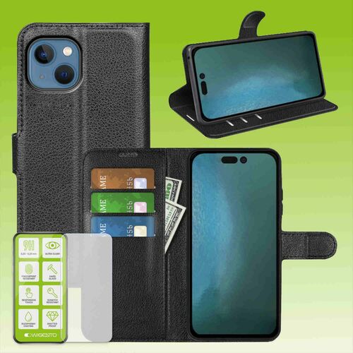 F�r Apple iPhone 14 Produktset Handy Tasche Wallet + H9 Hart Glas Schutz H�lle Case Cover Etuis Neu Zubeh�r Schwarz