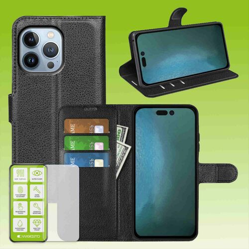 F�r Apple iPhone 14 Pro Produktset Handy Tasche Wallet + H9 Hart Glas Schutz H�lle Case Cover Etuis Neu Zubeh�r Schwarz
