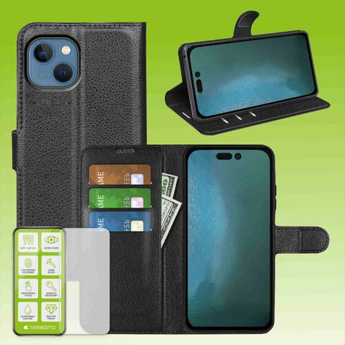 F�r Apple iPhone 14 Plus Produktset Handy Tasche Wallet + H9 Hart Glas Schutz H�lle Case Cover Etuis Neu Zubeh�r Schwarz
