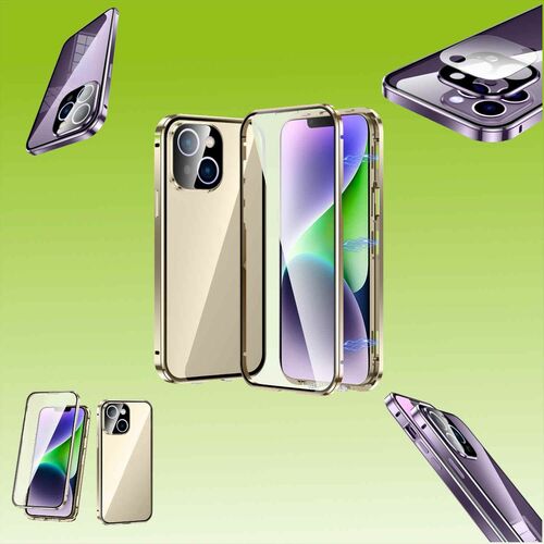 F�r Apple iPhone 14 Plus Beidseitiger 360 Grad Magnet Glas H�lle Handy Tasche Bumper Gold