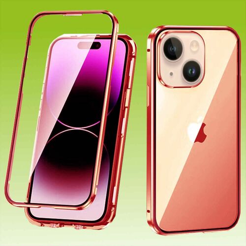 F�r Apple iPhone 14 Beidseitiger 360 Grad Magnet Glas H�lle Handy Tasche Bumper Rot