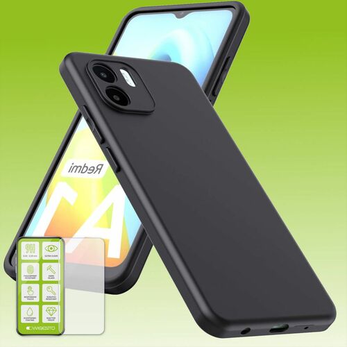 Fr Xiaomi Redmi A2 / A1 Silikoncase TPU Schwarz + 0,26 H9 Glas Handy Tasche Hlle Schutz Cover