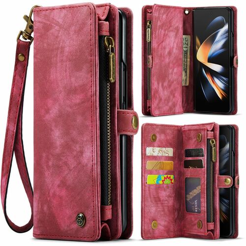 Fr Samsung Galaxy Z Fold4 5G CaseMe Handy Tasche Kunstleder Hlle Etuis Rot + Reiverschluss