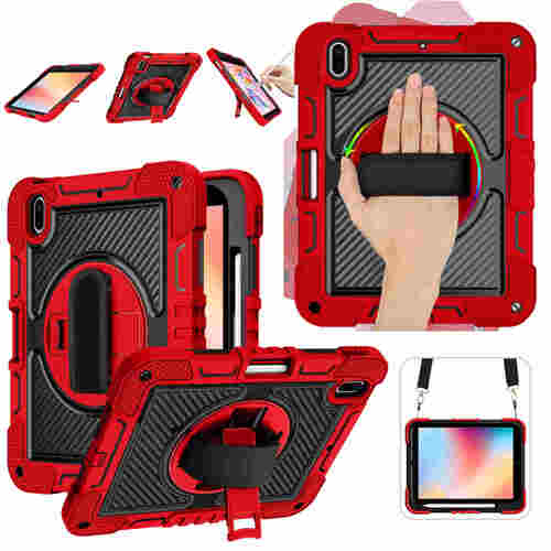 Fr Apple iPad 11. Gen A16 2025 / 10.9 2022 aufstellbare Outdoor Hybrid Rot / Schwarz 360 Grad mit Halte-Schlaufe Tasche