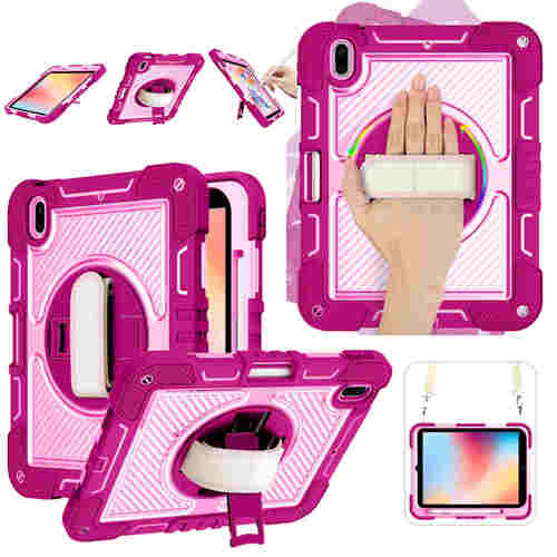 F�r Apple iPad 11. Gen A16 2025 / 10.9 2022 aufstellbare Outdoor Hybrid Pink / Rosa 360 Grad mit Halte-Schlaufe Tasche