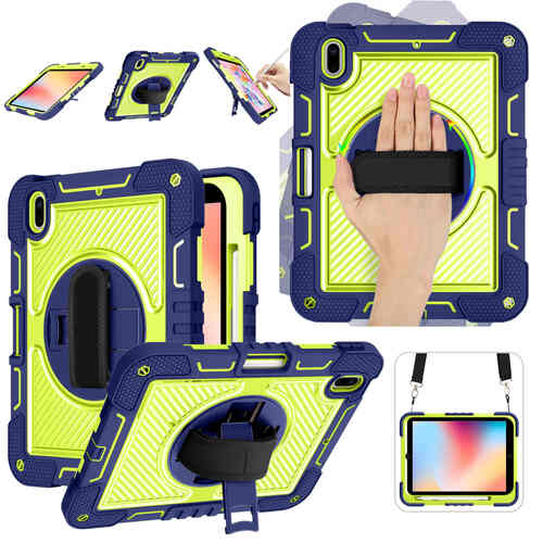 F�r Apple iPad 11. Gen A16 2025 / 10.9 2022 aufstellbare Outdoor Hybrid Blau / Gr�n 360 Grad mit Halte-Schlaufe Tasche