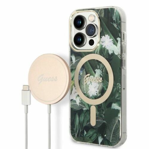 GUESS Schutzh�lle f�r Apple iPhone 14 Pro Hard Case Jungle MagSafe Cover Etui Gr�n