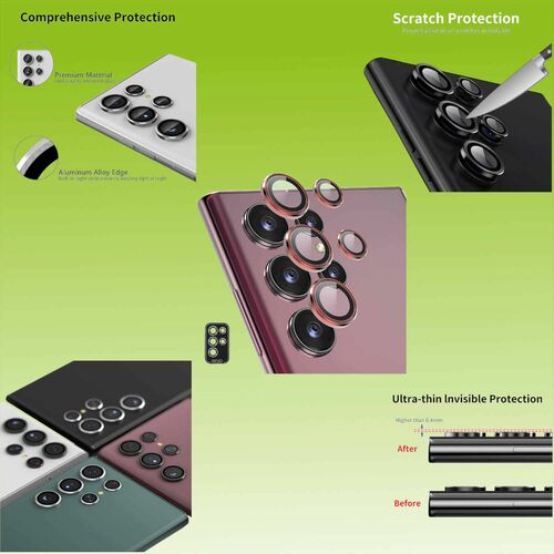 F�r Samsung Galaxy S23 Ultra Aluminium Ring Kamera + H9 Tempered Hart Glas Film Lila
