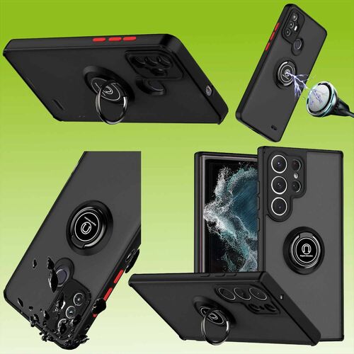 F�r Samsung Galaxy S23 Ultra TPU / PC Design Ring Cover Handy Tasche H�lle Schutz Etuis Schwarz Neu