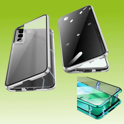 F�r Samsung Galaxy S23 Plus 5G Beidseitiger 360 Grad Magnet / Glas Privacy Mirror Case H�lle Handy Tasche Bumper Silber