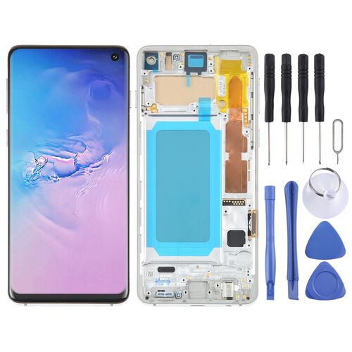 F�r Samsung Galaxy S10 G973 Display Full TFT LCD mit Rahmen Silber Einheit Touch Ersatzteil Reparatur (OHNE FINGERPRINT)
