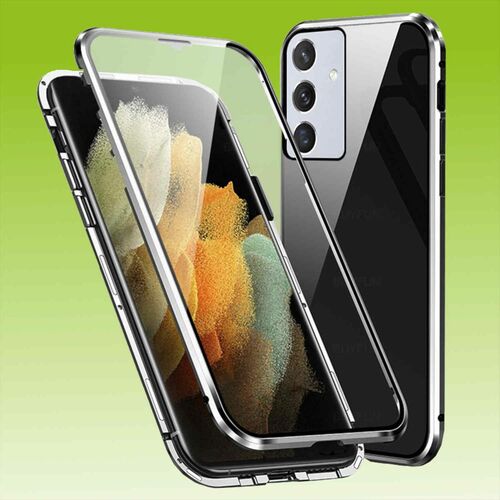 F�r Samsung Galaxy A14 5G / 4G Beidseitiger 360 Grad Magnet Glas H�lle Handy Tasche Bumper Silber