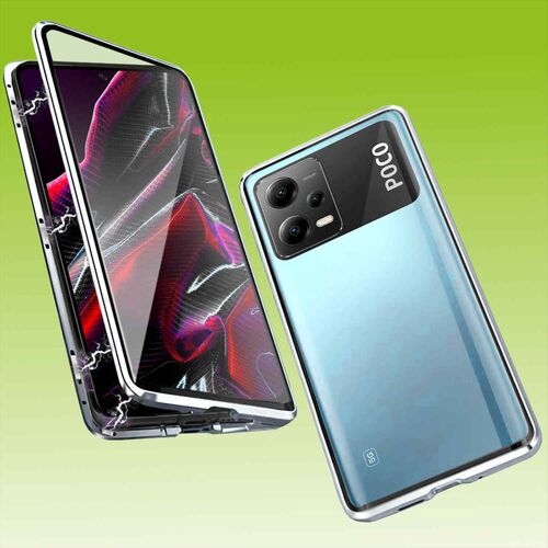 F�r Xiaomi Poco X5 / Redmi Note 12 5G Beidseitiger 360 Grad Magnet Glas H�lle Handy Tasche Bumper Silber