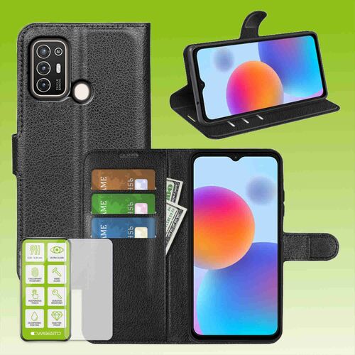 F�r ZTE Blade A53 Produktset Handy Tasche Wallet + H9 Hart Glas Schutz H�lle Case Cover Etuis Neu Zubeh�r Schwarz