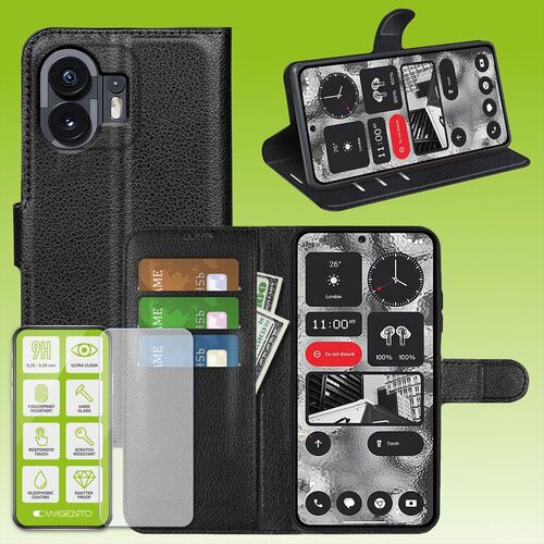 F�r Nothing Phone 2 Produktset Handy Tasche Wallet + H9 Hart Glas Schutz H�lle Case Cover Etuis Neu Zubeh�r Schwarz
