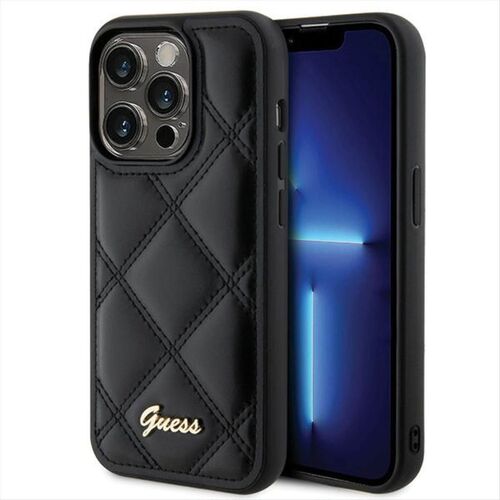 Guess Apple iPhone 15 Pro Schutzhlle Case Quilted Metal Logo Schwarz
