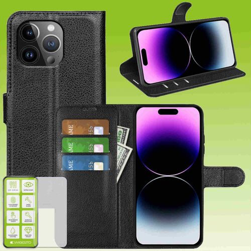 F�r Apple iPhone 15 Pro Produktset Handy Tasche Wallet + H9 Hart Glas Schutz H�lle Case Cover Etuis Zubeh�r Schwarz