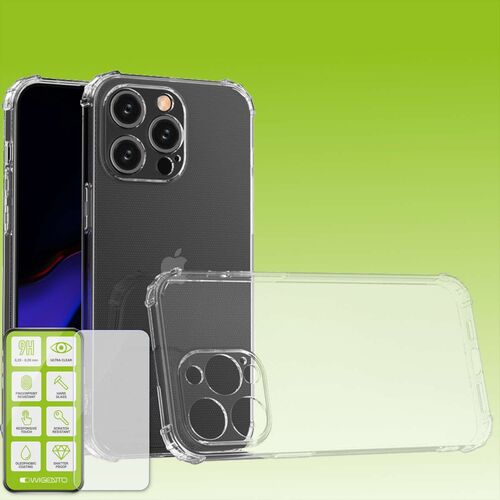 F�r Apple iPhone 15 Pro Max Schock TPU Case Transparent + 0,26 H9 Glas H�lle Schutz 
