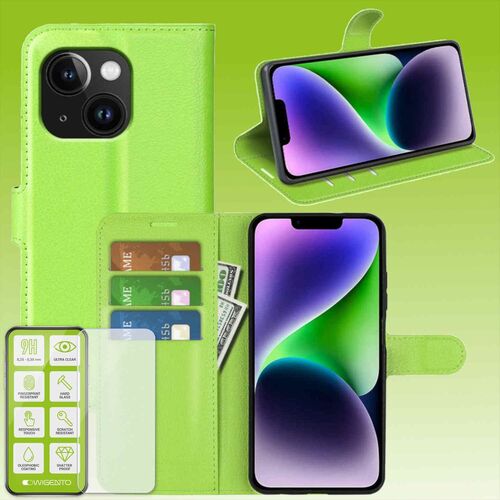 F�r Apple iPhone 15 Plus Produktset Handy Tasche Wallet + H9 Hart Glas Schutz H�lle Case Cover Etuis Zubeh�r Gr�n