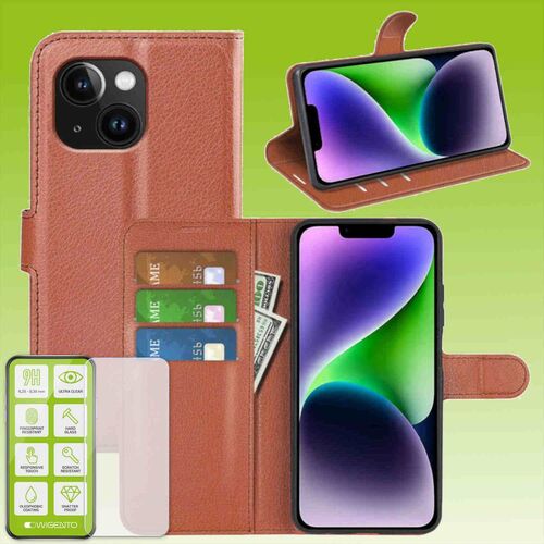 F�r Apple iPhone 15 Plus Produktset Handy Tasche Wallet + H9 Hart Glas Schutz H�lle Case Cover Etuis Zubeh�r Braun