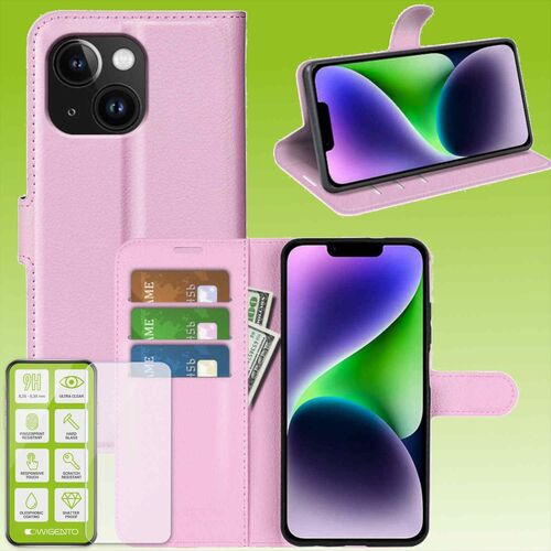 F�r Apple iPhone 15 Plus Produktset Handy Tasche Wallet + H9 Hart Glas Schutz H�lle Case Cover Etuis Zubeh�r Rosa