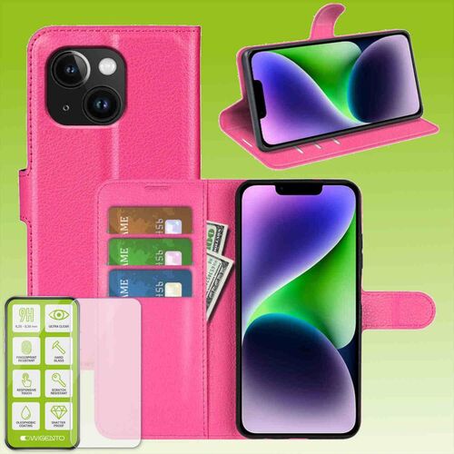 F�r Apple iPhone 15 Plus Produktset Handy Tasche Wallet + H9 Hart Glas Schutz H�lle Case Cover Etuis Zubeh�r Pink