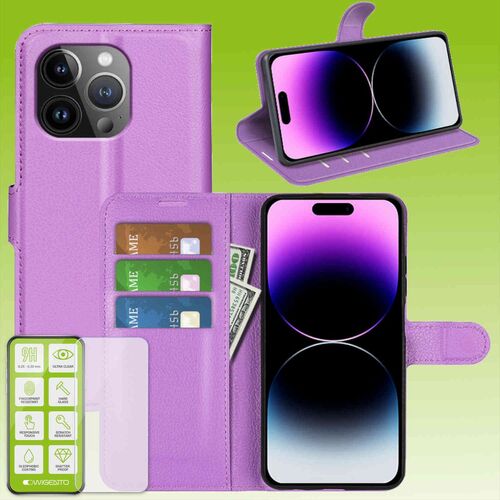F�r Apple iPhone 15 Pro Produktset Handy Tasche Wallet + H9 Hart Glas Schutz H�lle Case Cover Etuis Zubeh�r Lila