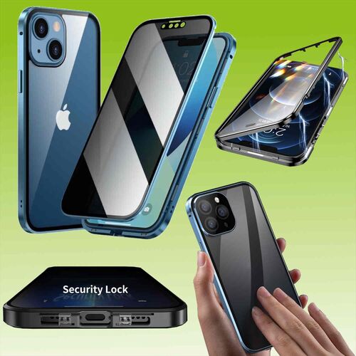 F�r Apple iPhone 15 Pro Max Beidseitiger 360 Grad Magnet / Glas Privacy Mirror Case H�lle Handy Tasche Bumper Blau
