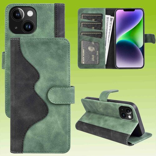F�r Apple iPhone 15 Design Handy Tasche Wallet Premium Gr�n Schutz H�lle Case Cover Etuis Zubeh�r