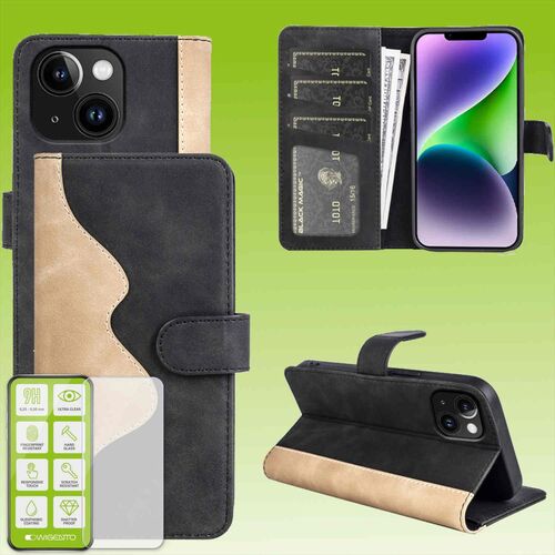 F�r Apple iPhone 15 Produktset Design Handy Tasche Wallet + H9 Hart Glas Schutz H�lle Case Cover Etuis Zubeh�r Schwarz