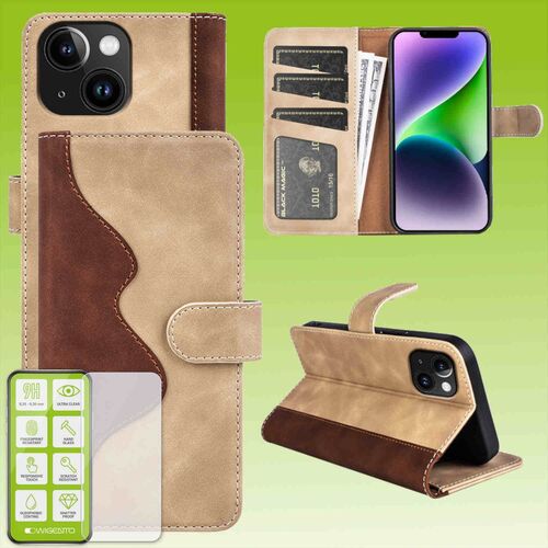 F�r Apple iPhone 15 Produktset Design Handy Tasche Wallet + H9 Hart Glas Schutz H�lle Case Cover Etuis Zubeh�r Braun