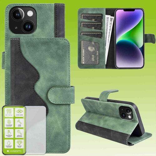F�r Apple iPhone 15 Plus Produktset Design Handy Tasche Wallet + H9 Hart Glas Schutz H�lle Case Cover Etuis Zubeh�r Gr�n
