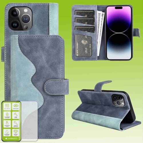 F�r Apple iPhone 15 Pro Produktset Design Handy Tasche Wallet + H9 Hart Glas Schutz H�lle Case Cover Etuis Zubeh�r Blau