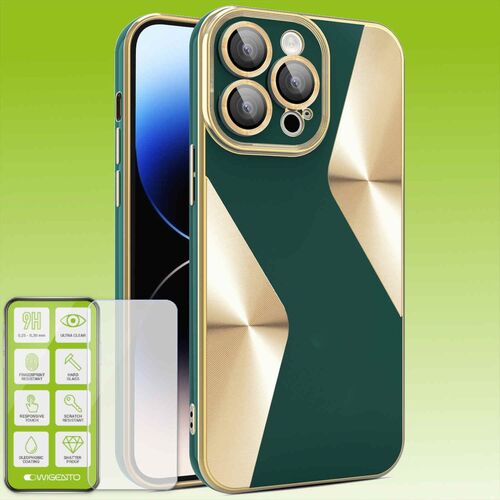 F�r Apple iPhone 15 Pro Produktset Electroplated Silikon TPU + H9 Hart Glas Schutz H�lle Case Cover Etuis Zubeh�r Gr�n