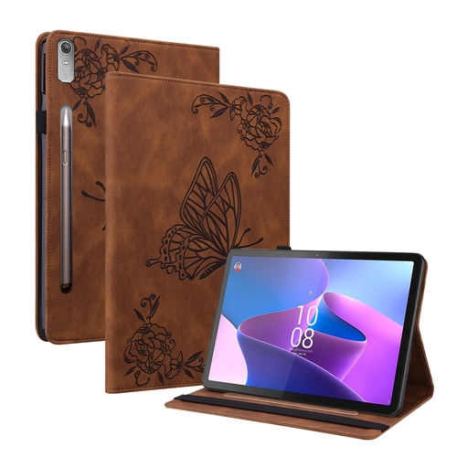 F�r Lenovo Tab P12 12.7 Schmetterling Muster Kunstleder H�lle Cover Tasche Case Braun