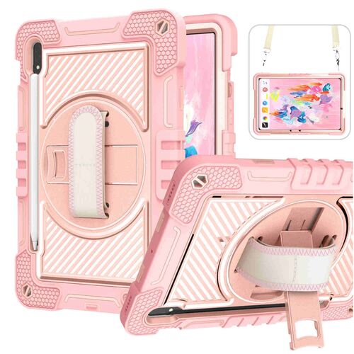 F�r Samsung Galaxy Tab S10 FE / S9 / S9 FE / S8 aufstellbare Outdoor Hybrid Pink 360 Grad mit Halte-Schlaufe