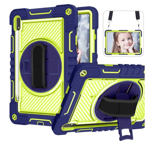 F�r Samsung Galaxy Tab S10 FE / S9 / S9 FE / S8 aufstellbare Outdoor Hybrid Blau / Gr�n 360 Grad mit Halte-Schlaufe