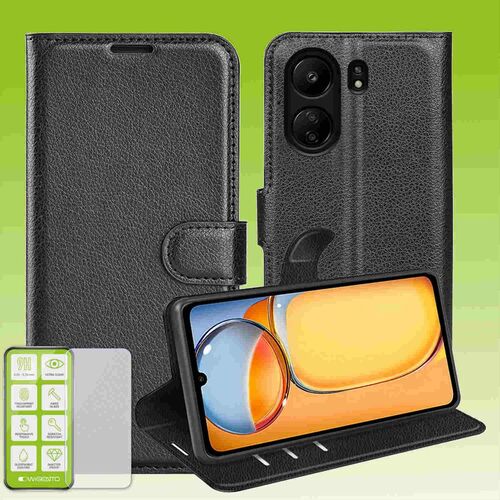 F�r Xiaomi Redmi 13C Produktset Handy Tasche Schwarz + H9 Hart Glas
