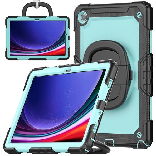 F�r Samsung Galaxy Tab A9 Plus aufstellbare Outdoor Hybrid 360 Grad Tasche mit Schultergurt Schwarz / Hellblau