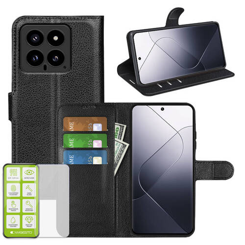 F�r Xiaomi 14 Produktset Wallet Handy Tasche Schwarz + H9 Hart Glas