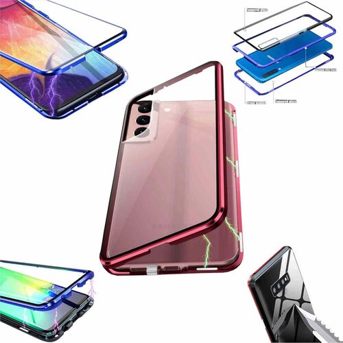 F�r Samsung Galaxy S24 Beidseitiger 360 Grad Magnet Glas H�lle Handy Tasche Bumper Rot