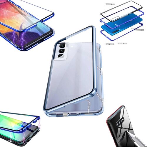 F�r Samsung Galaxy S24 Plus Beidseitiger 360 Grad Magnet Glas H�lle Handy Tasche Bumper Blau