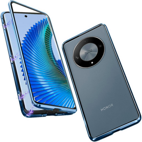 F�r Honor Magic 6 Lite Beidseitiger 360 Grad Magnet Glas H�lle Handy Tasche Bumper Blau