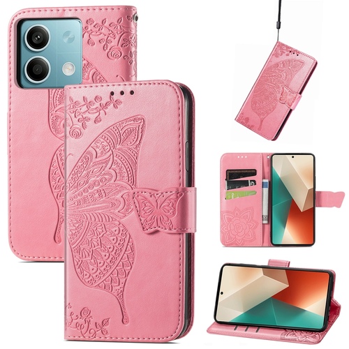 F�r Xiaomi Redmi Note 13 Kunstleder Wallet Handy Tasche Schmetterling Design Schutz H�lle Case Cover Etuis Pink